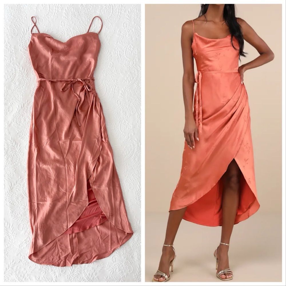 Lulu's Coral Jacquard Tulip Hem Cowl Neck Satin Dress